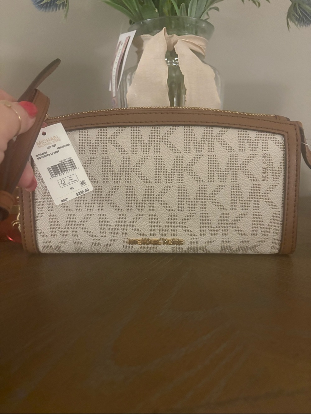 Michael Kors Beige Canvas & Acorn Leather Wristlet